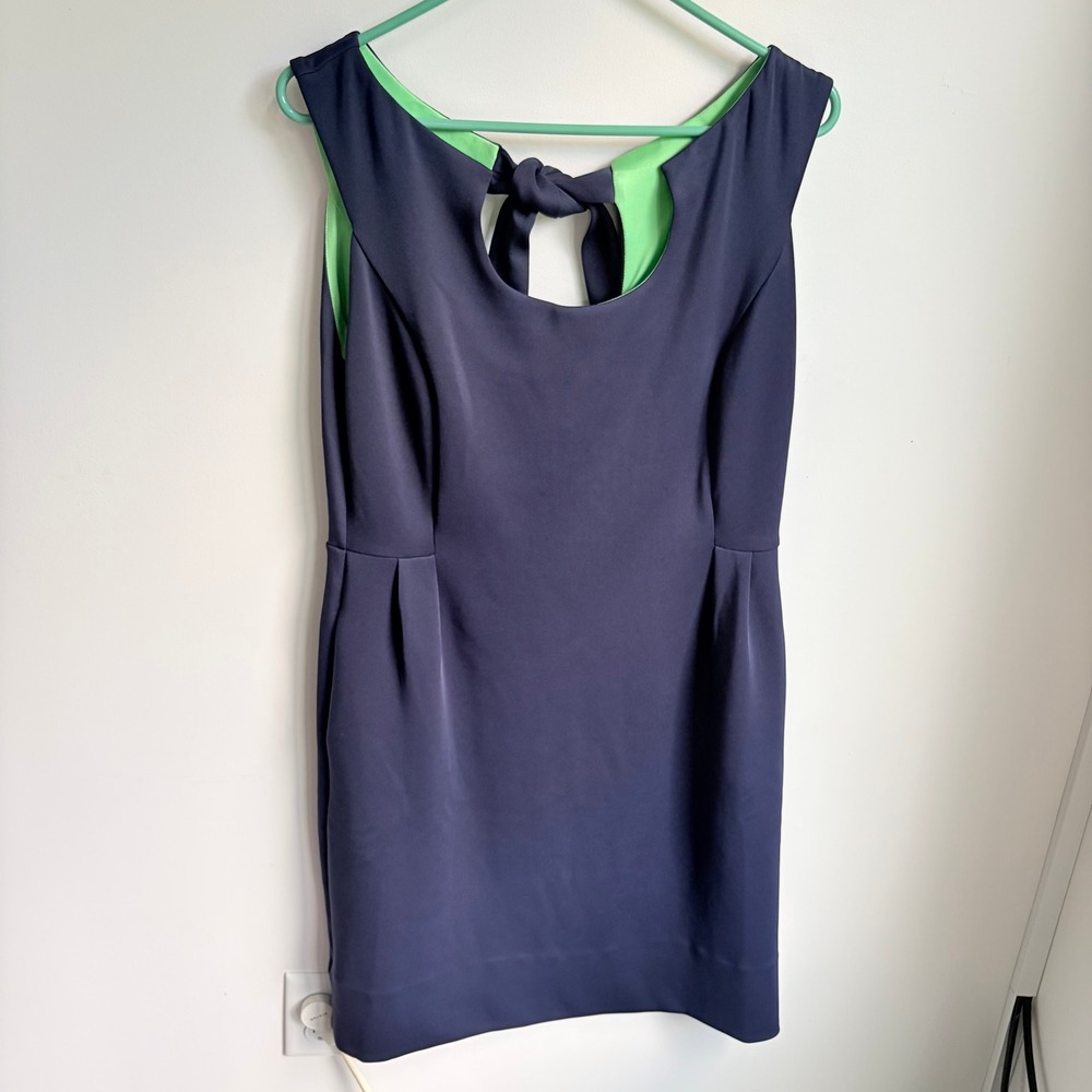 Gretchen Scott Sexy You NWT Dress M Preppy Navy Blue Green Tie Sheath Pockets